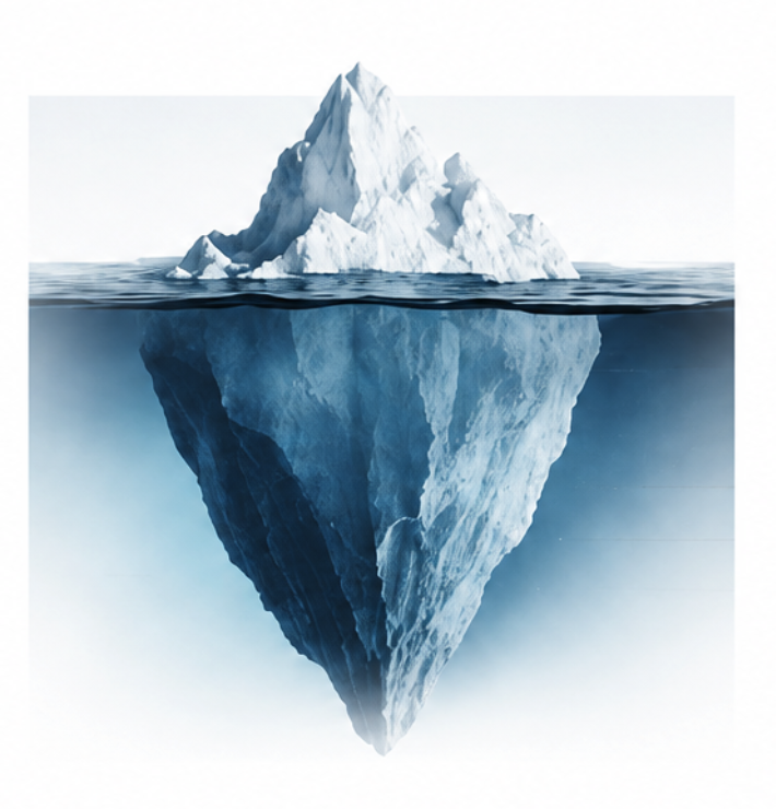 An iceberg — a small visible tip above the waterline, a massive body hidden below