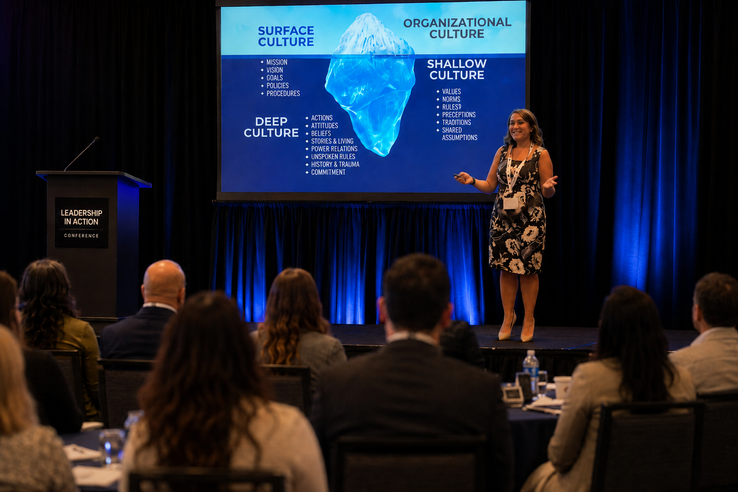 Jennifer Baez presenting the culture iceberg model on stage at the Leadership in Action conference